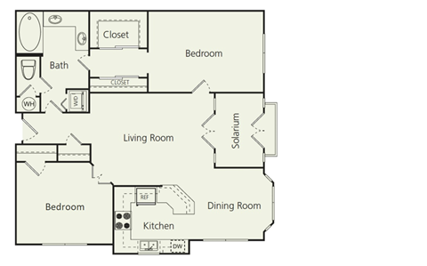 Floor plan for 2 beds, 1 bath, 1108 sqft